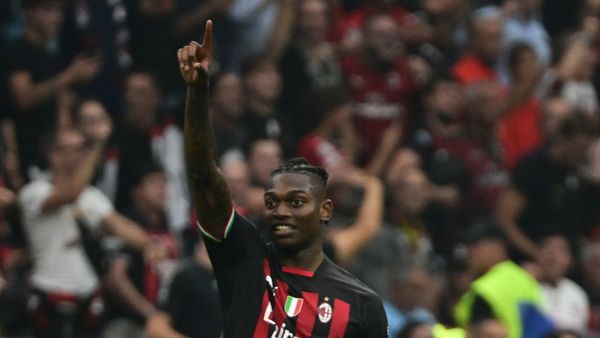 AC Milan's Portuguese forward Rafael Leao celebrates scoring his team's third goal during the Italian Serie A football match between AC Milan and Inter Milan at the San Siro stadium in Milan on September 3, 2022. (Photo by MIGUEL MEDINA / AFP)
