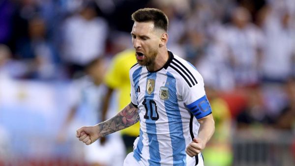 Lionel Messi #10 of Argentina celebrates his goal in the second half against Jamaica at Red Bull Arena on September 27, 2022 in Harrison, New Jersey. Argentina defeated Jamaica 3-0. Elsa/Getty Images/AFP (Photo by ELSA / GETTY IMAGES NORTH AMERICA / Getty Images via AFP)