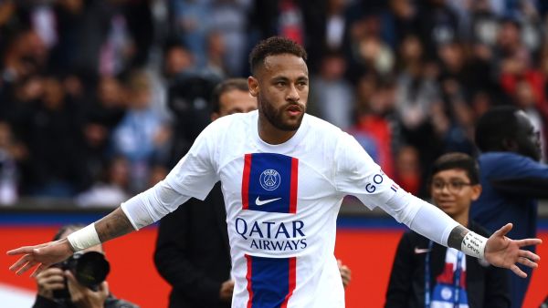 Paris Saint-Germain's Brazilian forward Neymar reacts after scoring the 1-0 goal during the French L1 football match between Paris Saint-Germain (PSG) and Stade Brestois 29 (Brest) at the Parc des Princes Stadium in Paris on September 10, 2022. (Photo by FRANCK FIFE / AFP)