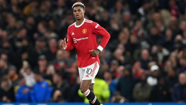 Manchester United's English striker Marcus Rashford celebrates scoring his team's first goal during the UEFA Champions league group F football match between Manchester United and Atalanta at Old Trafford stadium in Manchester, north west England, on October 20, 2021. (Photo by Paul ELLIS / AFP)