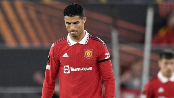 Manchester United's Portuguese striker Cristiano Ronaldo  react after conceding a goal during the UEFA Europa League Group E football match between Manchester United and Real Sociedad, at Old Trafford stadium, in Manchester, on September 8, 2022. (Photo by Oli SCARFF / AFP)