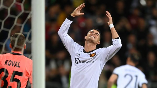 Manchester United's Portuguese striker Cristiano Ronaldo reacts after missing a chance during the UEFA Europa League group E football match between Sheriff and Manchester United at Zimbru stadium in Chisinau on September 15, 2022. (Photo by Daniel MIHAILESCU / AFP)