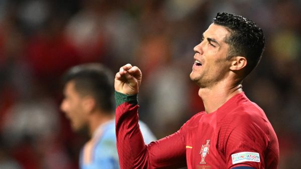 Portugal's forward Cristiano Ronaldo gestures during the UEFA Nations League, league A, group 2 football match between Portugal and Spain, at the Municipal Stadium in Braga on September 27, 2022. (Photo by PATRICIA DE MELO MOREIRA / AFP)
