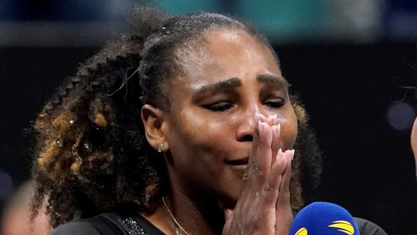 USA's Serena Williams gets emotional in a post match interview after losing against Australia's Ajla Tomljanovic during their 2022 US Open Tennis tournament women's singles third round match at the USTA Billie Jean King National Tennis Center in New York, on September 2, 2022. (Photo by TIMOTHY A. CLARY / AFP)