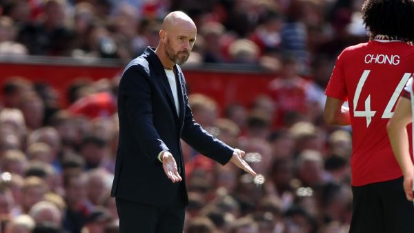 Manchester United's Dutch manager Erik ten Hag gestures on the touchline during a pre-season club friendly football match between Manchester United and Rayo Vallecano at Old Trafford in Manchester, north west England, on July 31, 2022. (Photo by Nigel Roddis / AFP)