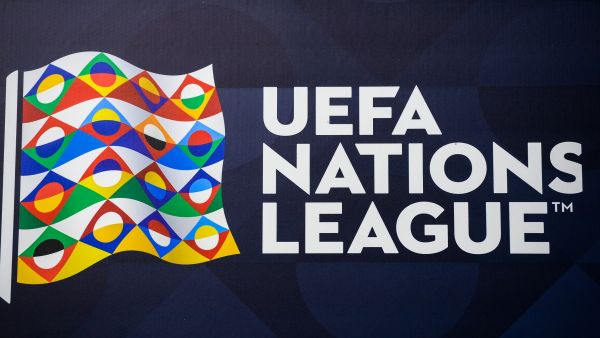 A view shows the logo of the UEFA Nations League football competition at the San Siro (Giuseppe-Meazza) stadium on October 5, 2021 in Milan, on the eve of the semifinal football match between Italy and Spain. (Photo by FRANCK FIFE / AFP)