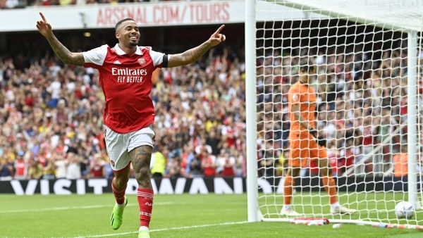 Arsenal's Brazilian forward Gabriel Jesus celebrates after scoring his team third goal during a club friendly football match between Arsenal and Sevilla at the Emirates Stadium in London on July 30, 2022. (Photo by JUSTIN TALLIS / AFP)