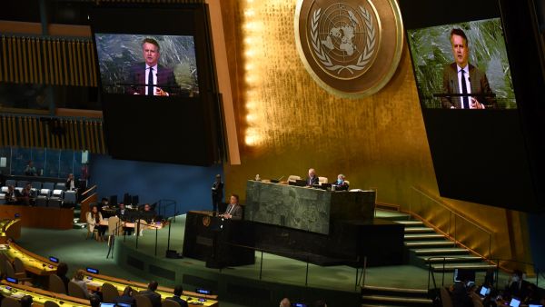 Ukraine’s Ambassador to the United Nations Sergiy Kyslytsya speaks during a United Nations (UN) general assembly meeting following the Russian security council veto at UN headquarters in New York City on October 10, 2022. (Photo by Andrea RENAULT / AFP) General Assembly