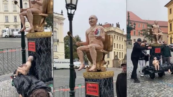 Statue of naked Putin on a toilet was installed by protesters in Prague. (Twitter/ Screenshots/ @nowthisnews) naked Putin