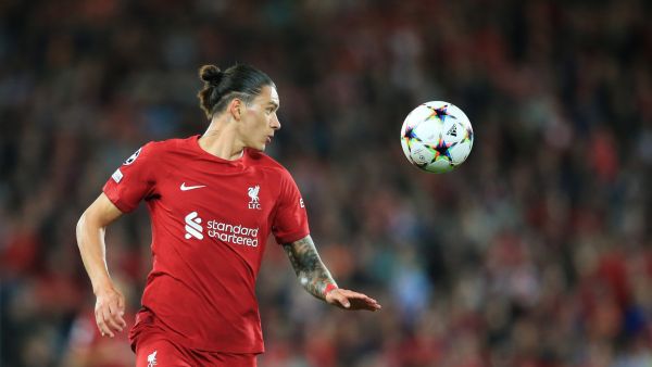 Liverpool's Uruguayan striker Darwin Nunez plays the ball during the UEFA Champions League group A football match between Liverpool and Ajax at Anfield in Liverpool, north west England on September 13, 2022. (Photo by Lindsey Parnaby / AFP)