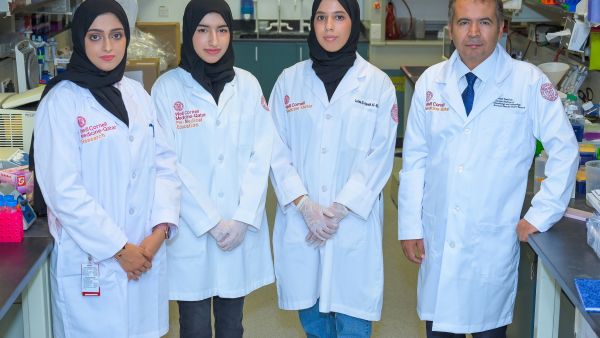 from left, Dr. Aisha Madani, student Aisha Al-Hammadi, student Lulwa Al-Khater, Dr. Nayef Mazloum WCM-Q Students Complete Summer Research Projects in Qatar and the United States