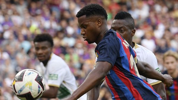 Barcelona's Spanish midfielder Ansu Fati prepares to shoot the ball during the Spanish League football match between FC Barcelona and Elche CF at the Camp Nou stadium in Barcelona on September 17, 2022. (Photo by Josep LAGO / AFP)