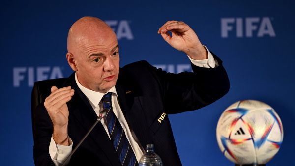 Gianni Infantino, president of football's world governing body FIFA, attends a press conference following the FIFA Council meeting in Auckland on October 22, 2022. (Photo by William WEST / AFP)