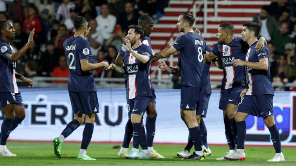 Paris Saint-Germain's French forward Kylian Mbappe (2ndR) celebrates with teammates after scoring a goal during the French L1 football match between AC Ajaccio and Paris Saint-Germain (PSG) at the Francois Coty Stadium in Ajaccio, Corsica, on October 21, 2022. (Photo by Pascal Pochard-Casabianca / AFP)