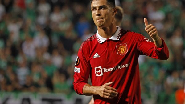 Manchester United's Portuguese striker Cristiano Ronaldo reacts at the end of the UEFA Europa League group E football match between Cyprus' Omonia Nicosia and England's Manchester United at GSP stadium in the capital Nicosia on October 6, 2022. (Photo by Khaled DESOUKI / AFP)