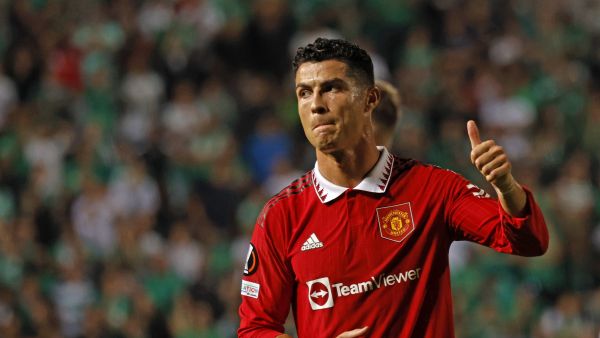 Manchester United's Portuguese striker Cristiano Ronaldo reacts at the end of the UEFA Europa League group E football match between Cyprus' Omonia Nicosia and England's Manchester United at GSP stadium in the capital Nicosia on October 6, 2022. (Photo by Khaled DESOUKI / AFP)