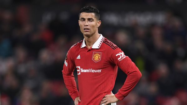 Manchester United's Portuguese striker Cristiano Ronaldo reacts during the UEFA Europa League Group E football match between Manchester United and Omonoia Nicosia, at Old Trafford stadium, in Manchester, north-west England, on October 13, 2022. (Photo by Oli SCARFF / AFP)