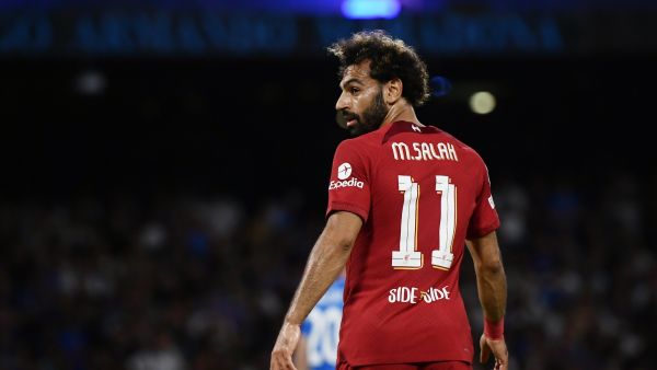 Liverpool's Egyptian forward Mohamed Salah rects during the UEFA Champions League Group A first leg football match between SSC Napoli and Liverpool FC at the Diego Armando Maradona Stadium in Naples on September 7, 2022. (Photo by Filippo MONTEFORTE / AFP)