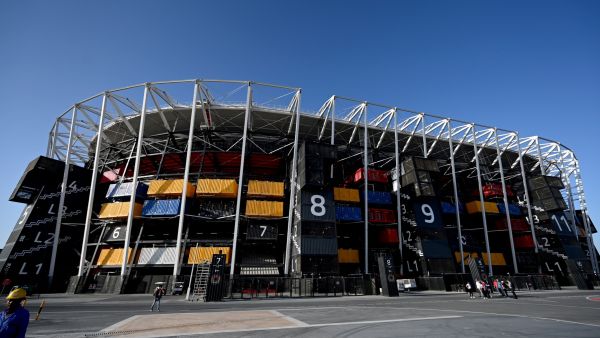 This photograph shows an exterior view of the Stadium 974 which will host matches of the FIFA football World Cup 2022, in the Ras Abu Aboud district of the Qatari capital Doha on March 30, 2022. (Photo by GABRIEL BOUYS / AFP)