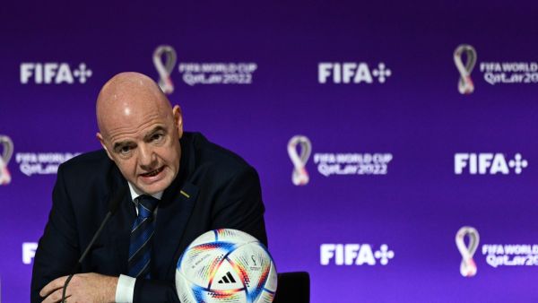 FIFA President Gianni Infantino speaks during a press conference at the Qatar National Convention Center (QNCC) in Doha on November 19, 2022, ahead of the Qatar 2022 World Cup football tournament. Infantino hit back at Western critics of Qatar's human rights record at his opening press conference of the World Cup on November 19, blasting their "hypocrisy". (Photo by GABRIEL BOUYS / AFP)