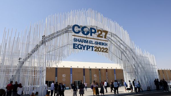 This picture shows the main entrance of the Sharm El Sheikh International Convention Centre where the COP27 climate summit will take place, in Egypt's Red Sea resort city of Sharm el-Sheikh, on November 5, 2022. (Photo by JOSEPH EID / AFP) Climate change in Sharm El Sheikh