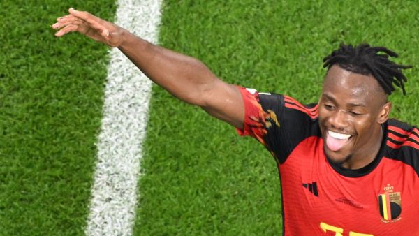 Belgium's forward #23 Michy Batshuayi celebrates scoring the opening goal during the Qatar 2022 World Cup Group F football match between Belgium and Canada at the Ahmad Bin Ali Stadium in Al-Rayyan, west of Doha on November 23, 2022. (Photo by Antonin THUILLIER / AFP)