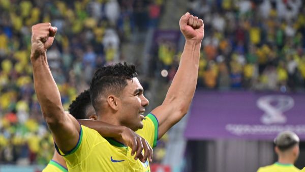 Brazil's midfielder #05 Casemiro celebrates after he scored his team's first goal during the Qatar 2022 World Cup Group G football match between Brazil and Switzerland at Stadium 974 in Doha on November 28, 2022. (Photo by NELSON ALMEIDA / AFP)