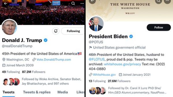 Twitter accounts of Donald Trump and Joe Biden. (Twitter) Donald Trump