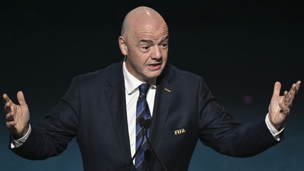 FIFA president Gianni Infantino delivers a speech during the football draw ceremony for the Australia and New Zealand 2023 FIFA Women's World Cup at the Aotea Centre in Auckland on October 22, 2022. (Photo by WILLIAM WEST / AFP)