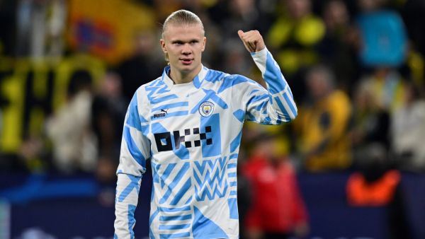 Manchester City's Norwegian striker Erling Haaland reacts after the UEFA Champions League Group G football match between Borussia Dortmund and Manchester City in Dortmund, western Germany on October 25, 2022. The match ended in a 0-0 draw. (Photo by Sascha Schuermann / AFP)