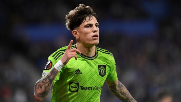Manchester United's Argentinian midfielder Alejandro Garnacho celebrates scoring his team's first goal during the UEFA Europa League 1st round group E football match between Real Sociedad and Manchester United at the Anoeta stadium in San Sebastian, on November 3, 2022. (Photo by ANDER GILLENEA / AFP)