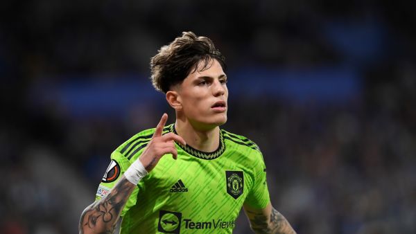 Manchester United's Argentinian midfielder Alejandro Garnacho celebrates scoring his team's first goal during the UEFA Europa League 1st round group E football match between Real Sociedad and Manchester United at the Anoeta stadium in San Sebastian, on November 3, 2022. (Photo by ANDER GILLENEA / AFP)