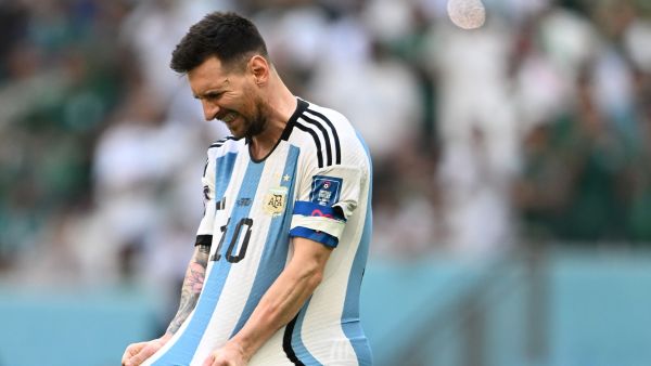 Argentina's forward #10 Lionel Messi reacts during the Qatar 2022 World Cup Group C football match between Argentina and Saudi Arabia at the Lusail Stadium in Lusail, north of Doha on November 22, 2022. (Photo by Kirill KUDRYAVTSEV / AFP)