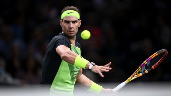 Spain's Rafael Nadal eyes the ball during the men's singles round of 16 tennis match between US' Paul Tommy and Spain's Rafael Nadal on day three of the ATP World Tour Masters 1000 - Paris Masters (Paris Bercy) - indoor tennis tournament at The AccorHotels Arena in Paris on November 2, 2022. (Photo by Christophe ARCHAMBAULT / AFP)