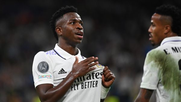 Real Madrid's Brazilian forward Vinicius Junior celebrates after scoring his team's fourth goal during the UEFA Champions League 1st round day 6 Group F football match between Real Madrid CF and Celtic FC at the Santiago Bernabeu stadium in Madrid on November 2, 2022. (Photo by PIERRE-PHILIPPE MARCOU / AFP)
