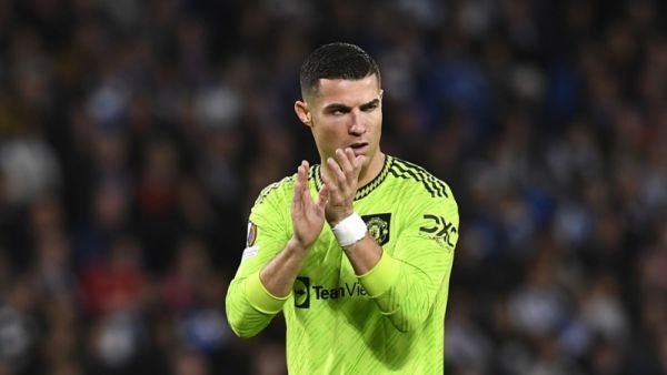 Manchester United's Portuguese striker Cristiano Ronaldo applauds during the UEFA Europa League 1st round group E football match between Real Sociedad and Manchester United at the Anoeta stadium in San Sebastian, on November 3, 2022. (Photo by ANDER GILLENEA / AFP)
