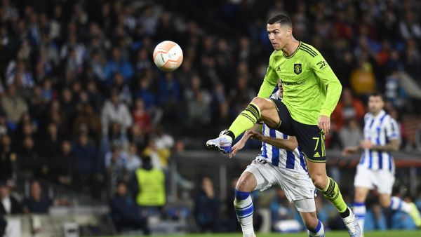 Manchester United's Portuguese striker Cristiano Ronaldo kicks the ball during the UEFA Europa League 1st round group E football match between Real Sociedad and Manchester United at the Anoeta stadium in San Sebastian, on November 3, 2022. (Photo by ANDER GILLENEA / AFP)