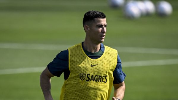Portugal's forward Cristiano Ronaldo takes part in a training session at Shahaniya Sports Club of Al Samriya Autograph Collection Hotel in Al Samriya, northwest of Doha on November 21, 2022 during the Qatar 2022 World Cup football tournament. (Photo by PATRICIA DE MELO MOREIRA / AFP)