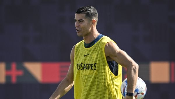 Unknown Portugal's forward Cristiano Ronaldo takes part in a training session at the Al Shahaniya SC training site in Al Samriya, northwest of Doha, on November 22, 2022, during the Qatar 2022 World Cup football tournament. (Photo by PATRICIA DE MELO MOREIRA / AFP)