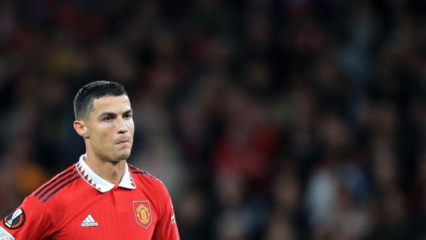 Manchester United's Portuguese striker Cristiano Ronaldo reacts during the UEFA Europa League Group E football match between Manchester United and Sheriff Tiraspol, at Old Trafford stadium, in Manchester, north-west England, on October 27, 2022. (Photo by Lindsey Parnaby / AFP)