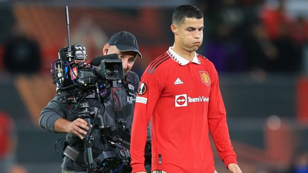 Manchester United's Portuguese striker Cristiano Ronaldo reacts as he leaves the pitch after the UEFA Europa League Group E football match between Manchester United and Sheriff Tiraspol, at Old Trafford stadium, in Manchester, north-west England, on October 27, 2022. Manchester United won 3-00. (Photo by Lindsey Parnaby / AFP)