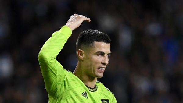 Manchester United's Portuguese striker Cristiano Ronaldo gestures during the UEFA Europa League 1st round group E football match between Real Sociedad and Manchester United at the Anoeta stadium in San Sebastian, on November 3, 2022. (Photo by ANDER GILLENEA / AFP)