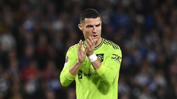 Manchester United's Portuguese striker Cristiano Ronaldo applauds during the UEFA Europa League 1st round group E football match between Real Sociedad and Manchester United at the Anoeta stadium in San Sebastian, on November 3, 2022. (Photo by ANDER GILLENEA / AFP)