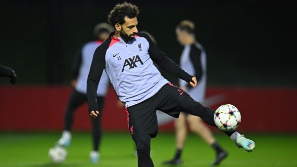 Liverpool's Egyptian striker Mohamed Salah attends a team training session at the AXA Training Centre in Liverpool, north-west England on October 31, 2022, on the eve of the UEFA Champions League group A football match against Napoli. (Photo by Oli SCARFF / AFP)