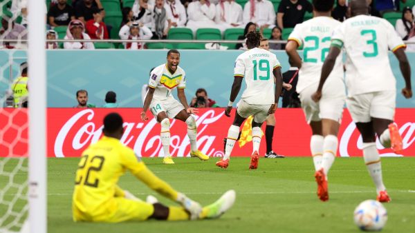 Senegal's forward #19 Famara Diedhiou (C) celebrates scoring his team's second goal with Senegal's defender #14 Ismail Jakobs (2L) during the Qatar 2022 World Cup Group A football match between Qatar and Senegal at the Al-Thumama Stadium in Doha on November 25, 2022. (Photo by KARIM JAAFAR / AFP)