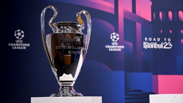 The UEFA Champions League trophy is pictured before the draw for the round of 16 of the 2022-2023 UEFA Champions League football tournament in Nyon on October 7, 2022. (Photo by Fabrice COFFRINI / AFP)