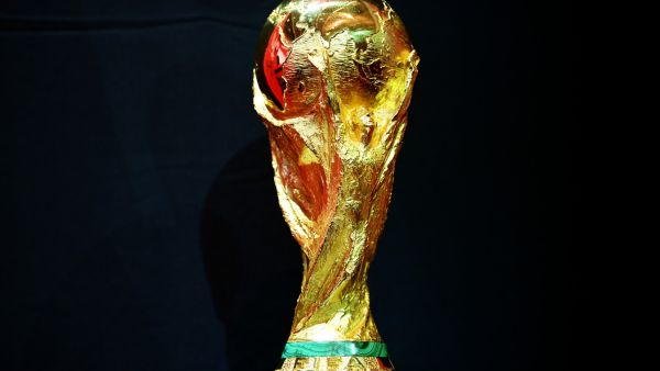 This photograph taken on October 7, 2022 shows the FIFA World Cup trophy displayed during the FIFA World Cup Trophy Tour, in Paris. The 2022 FIFA World Cup will be held from November 20 to December 18, 2022, in Doha. (Photo by FRANCK FIFE / AFP)