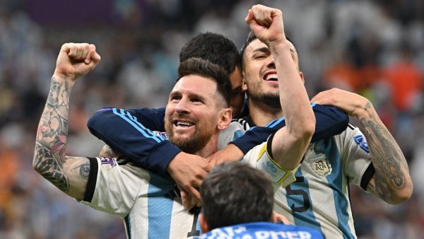 Argentina's forward #10 Lionel Messi celebrates after qualifying to the next round after defeating Netherlands in the penalty shoot-out of the Qatar 2022 World Cup quarter-final football match between Netherlands and Argentina at Lusail Stadium, north of Doha, on December 9, 2022. (Photo by Alberto PIZZOLI / AFP)