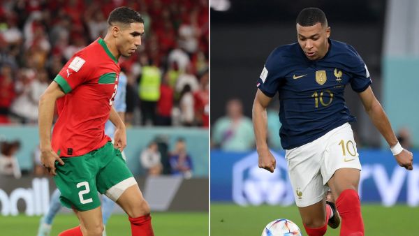 Morocco's defender #02 Achraf Hakimi (L) on December 6, 2022 and France's forward #10 Kylian Mbappe, in Doha on November 26, 2022. France will play Morocco in the Qatar 2022 World Cup football semi-final match in Doha on December 14, 2022. (Photo by Jack GUEZ and Franck FIFE / AFP)