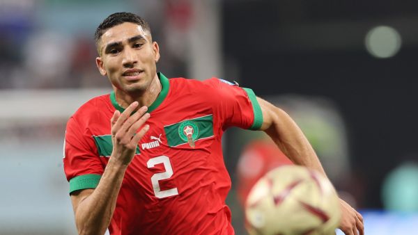 Morocco's defender #02 Achraf Hakimi runs for the ball during the Qatar 2022 World Cup third place play-off football match between Croatia and Morocco at Khalifa International Stadium in Doha on December 17, 2022. (Photo by KARIM JAAFAR / AFP)